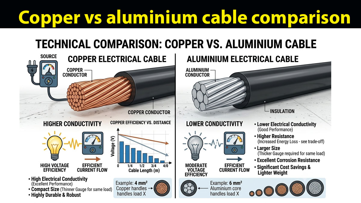 Copper vs Aluminium cable comparison chart for electrical installations