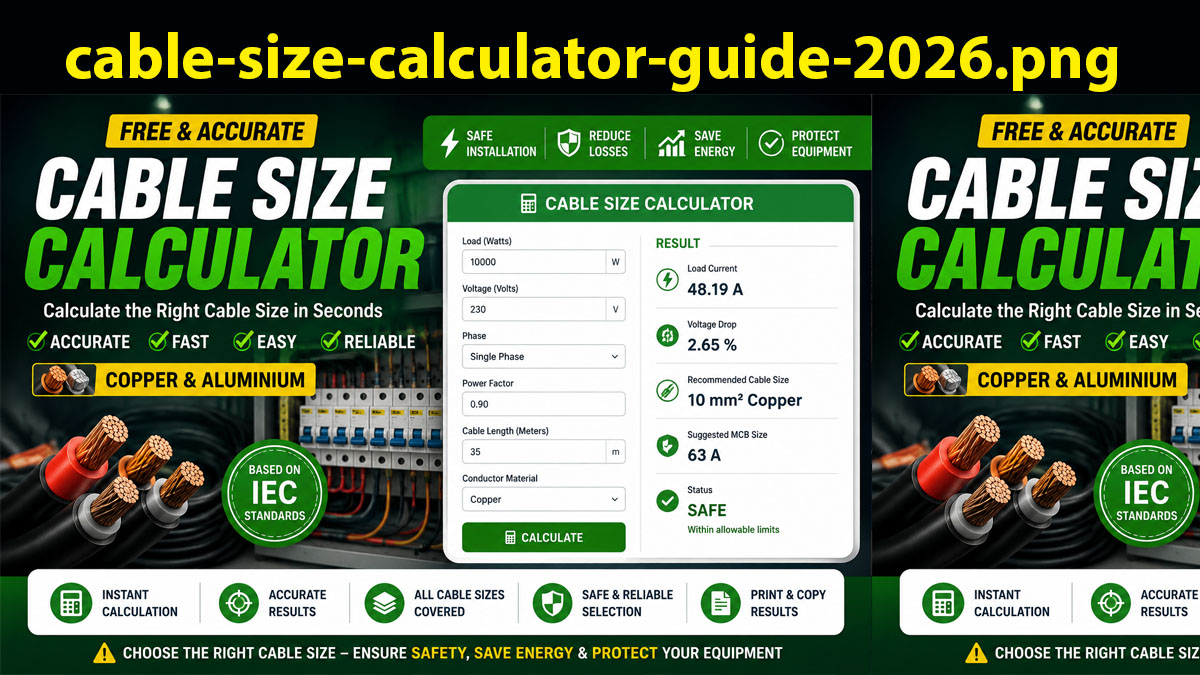 Cable Size Calculator with formula, voltage drop calculation and cable size chart