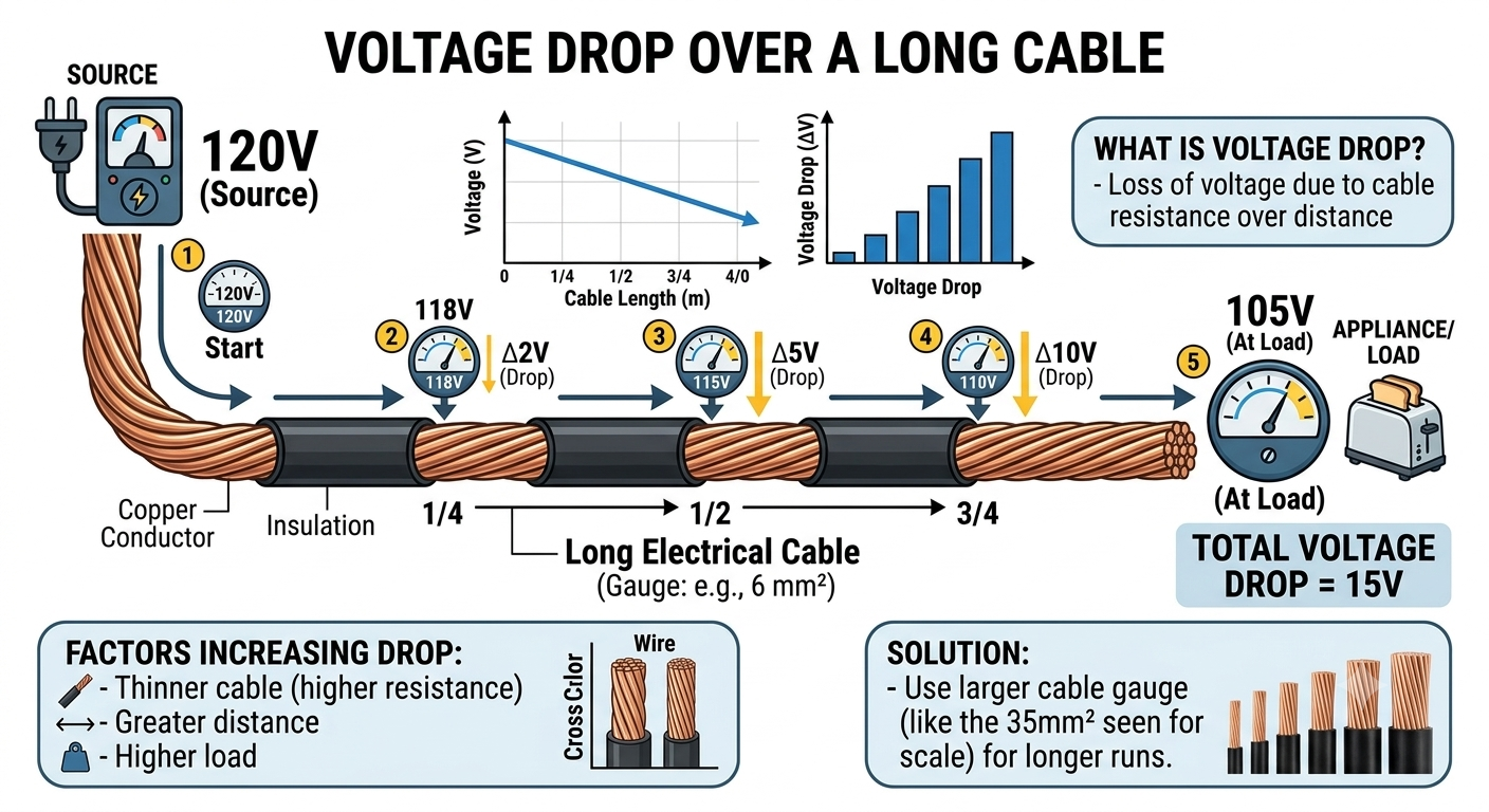 Voltage drop calculation diagram for cable size selection